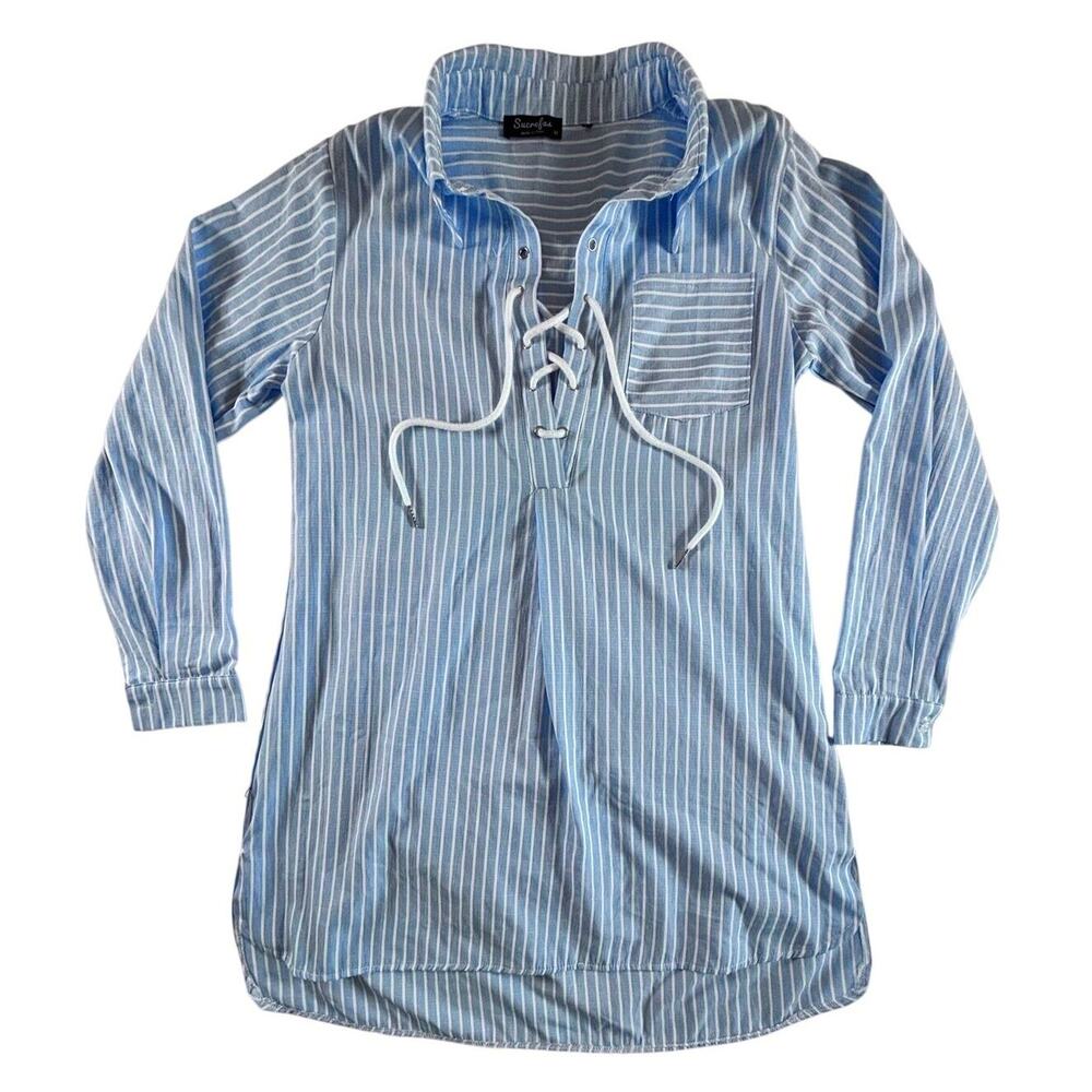 Sucrefas Longsleeve Tassled Dress - Blue and White striped - Medium